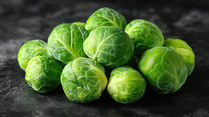 Fresh Brussels sprouts arranged on dark surface, showcasing their vibrant green color and unique texture. These vegetables are perfect for healthy dishes and seasonal recipes