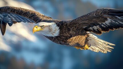 Majestic bald eagle soaring through snowy mountains in winter light