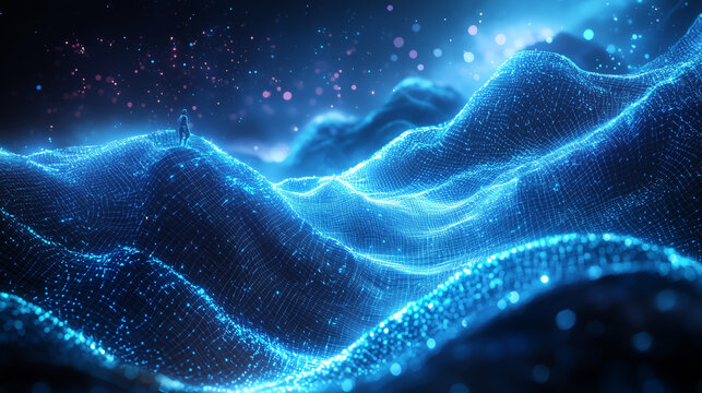 Futuristic night landscape with digital waves and silhouette of young adult on glowing terrain
