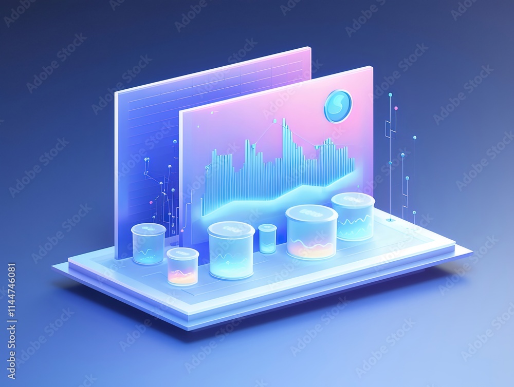 Poster isometric 3d illustration of financial data visualization on digital device.