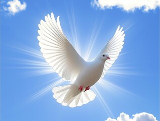 Obraz premium White dove flying in the blue sky, serenity, tranquility concept