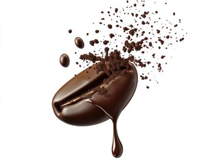 Obraz premium Coffee beans with coffee powder dripping against a white background