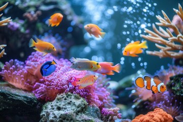 Obraz premium Colorful aquarium fish swim among vibrant coral and aquatic plants in an enchanting underwater world. Generative AI