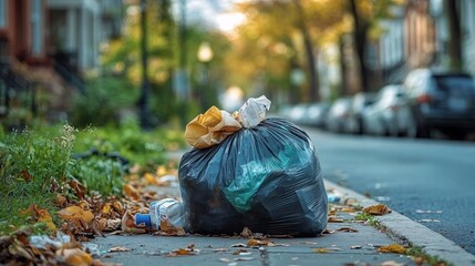 A single black garbage bag sitting on a quiet, tree-lined sidewalk surrounded by scattered autumn leaves, with a softly blurred background featuring green foliage and golden sunlight