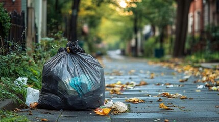 A single black garbage bag sitting on a quiet, tree-lined sidewalk surrounded by scattered autumn leaves, with a softly blurred background featuring green foliage and golden sunlight