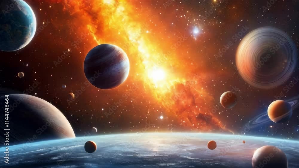Poster a stunning view of planets orbiting in space, with a vibrant nebula and distant stars. ideal for sci
