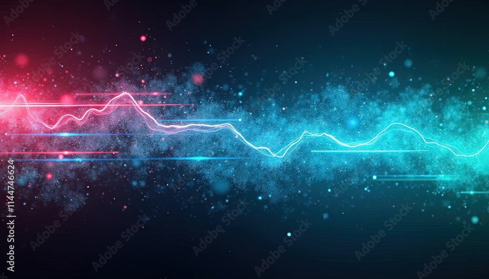 Poster abstract neon light waves and particles glowing on a dark background