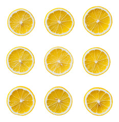 Slices of fresh lemon on transparent background, vibrant citrus arrangement. Food and freshness concept