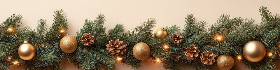 Festive Christmas Garland with Gold Ornaments and Pinecones Decor