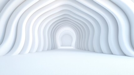 Obraz premium Abstract white tunnel with arched walls and soft lighting.