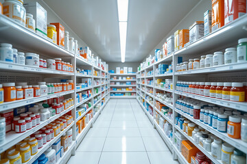 A well-stocked pharmacy aisle with shelves filled with various medications and supplements, illuminated by bright fluorescent lights.