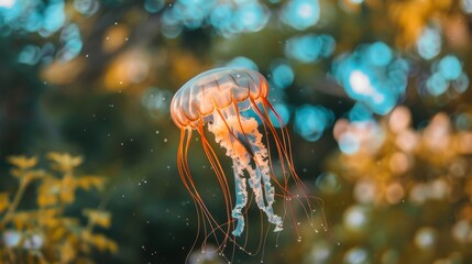 Obraz premium Translucent jellyfish in watercolor style glowing softly in dreamy ocean with blue gradient