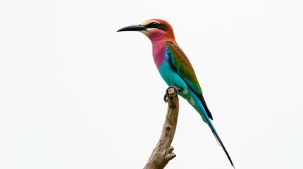 Fototapeta premium Lilac-Breasted Roller (Coracias Caudatus) Close-Up of Colorful Bird Perched on a Branch, Isolated on a White Background.