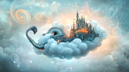 Fantasy castle perched atop a cloud, carried by a majestic dragon in a dreamy sky.