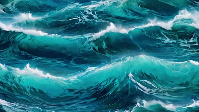 Seamless abstract turquoise blue rolling ocean waves seascape painting background texture. Contemporary tileable nautical sea water, 4k High-Quality Wallpaper Background Animation Video