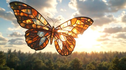 Stained-glass butterfly soaring above a sunlit forest.