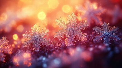 Fototapeta premium Delicate snowflakes glisten against warm, colorful background, creating magical winter atmosphere. intricate details of each flake enhance enchanting scene