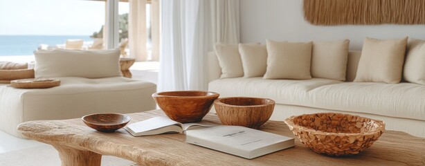 Serene Coastal Living Room with Natural Wood Decor and Textures