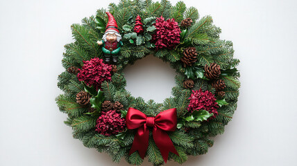festive Christmas wreath featuring gnome, red flowers, and red ribbon bow, adorned with pinecones and greenery, perfect for holiday decoration