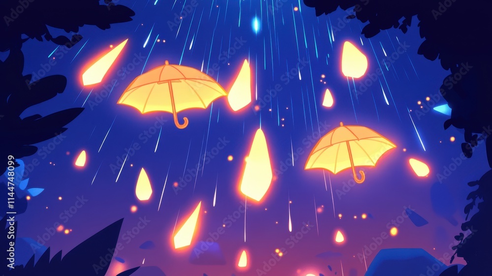 Wall mural surreal night sky with illuminated umbrellas and falling light fragments
