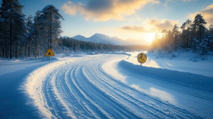 Fototapeta premium Snowy landscape with winding road and traffic signs.
