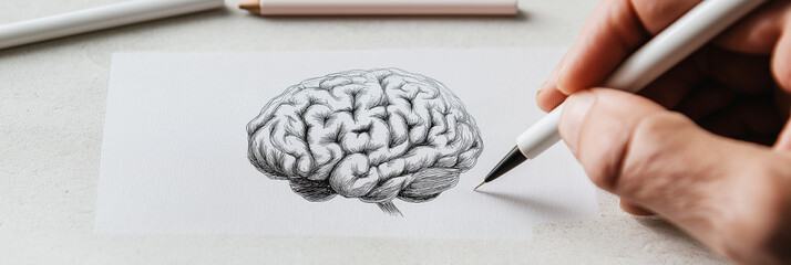 A hand uses a pen to sketch a detailed brain illustration on a white paper surface, highlighting creativity, knowledge, and the intricacy of cognitive processes.