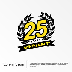 25th years anniversary celebration emblem. anniversary logo isolated with laurel wreath and ribbon. vector illustration template design for web, flyers, poster, invitation card or greeting card