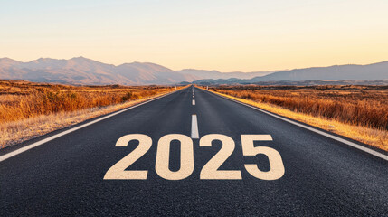 2025 Road concept. Straight highway leading towards glowing sunrise in 2025