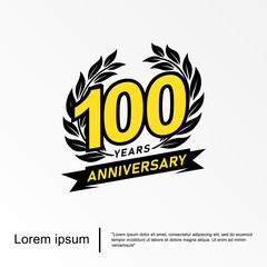 100th years anniversary celebration emblem. anniversary logo isolated with laurel wreath and ribbon. vector illustration template design for web, flyers, poster, invitation card or greeting card