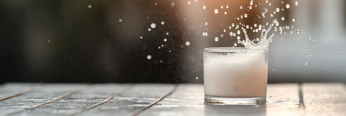 A splash of water dramatically erupts on the surface of a milky drink in a glass, showcasing dynamic motion and refreshing emotion amidst a serene background.