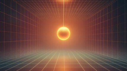 Glowing sphere hangs in a dark, gridded room.