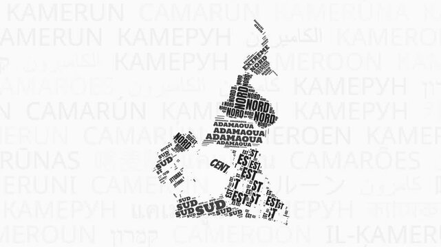 Cameroon intro animation. Country with regions illustration video. Background with country names in various languages. Regions of Cameroon animation. Stylish video.