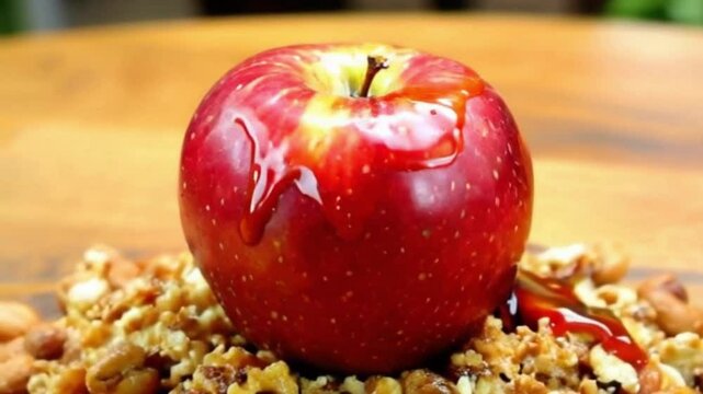 Red apple atop crushed nuts with caramel cascading down blending textures and colors or a dessert composition with apples, nuts, and caramel