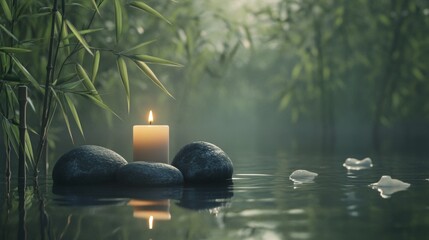 Naklejka premium calm lake with stacked stones and lit candle with bamboo in the background, spa concept