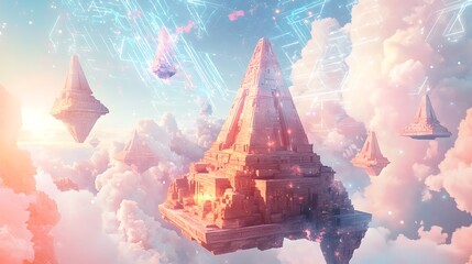 Futuristic pyramids float amidst pastel clouds and glowing digital particles in a dreamy, surreal landscape.