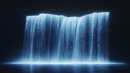Glowing blue waterfall cascading into a dark pool at night.