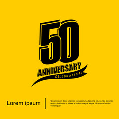 50th years anniversary celebration emblem. black anniversary logo isolated with ribbon on yellow background. vector illustration template design for web, flyers, poster, greeting card