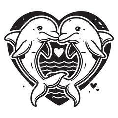 Cute Dolphin Couple on a Love Shape Vector Line Art Coloring Book Illustration