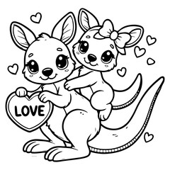 Kangaroo Couple on a Love Shape Vector Line Art Coloring Book Illustration