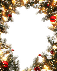 Festive Christmas Frame with Snow, Pine Branches, Ornaments, and Golden Lights