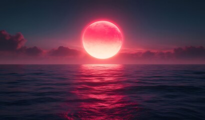 Pink moonrise over calm ocean at night.