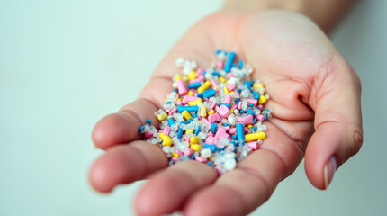 Close-up of hand holding various microplastic particles, highlighting the urgent need for environmental action