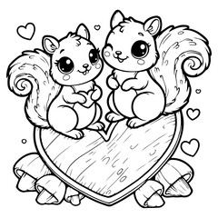Cute Squirrel Couple on a Love Shape Vector Line Art Coloring Book Illustration