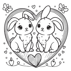 Cute Rabbit Couple on a Love Shape Vector Line Art Coloring Book Illustration