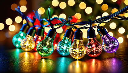 Multicolored LED String Lights with Bokeh Background