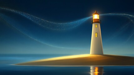 Illuminated lighthouse on a small island at night, emitting a beam of light across the water.