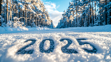 Winter landscape with 2025 written on snow, serene beauty. Greeting card concept.