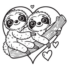 Cute Sloth Couple on a Love Shape Vector Line Art Coloring Book Illustration