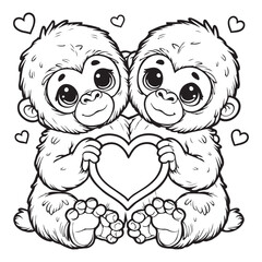 Cute Gorilla Couple on a Love Shape Vector Line Art Coloring Book Illustration