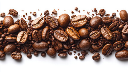 Fototapeta premium Rich coffee beans scattered on white background, showcasing various shapes and sizes, perfect for coffee lovers and culinary enthusiasts